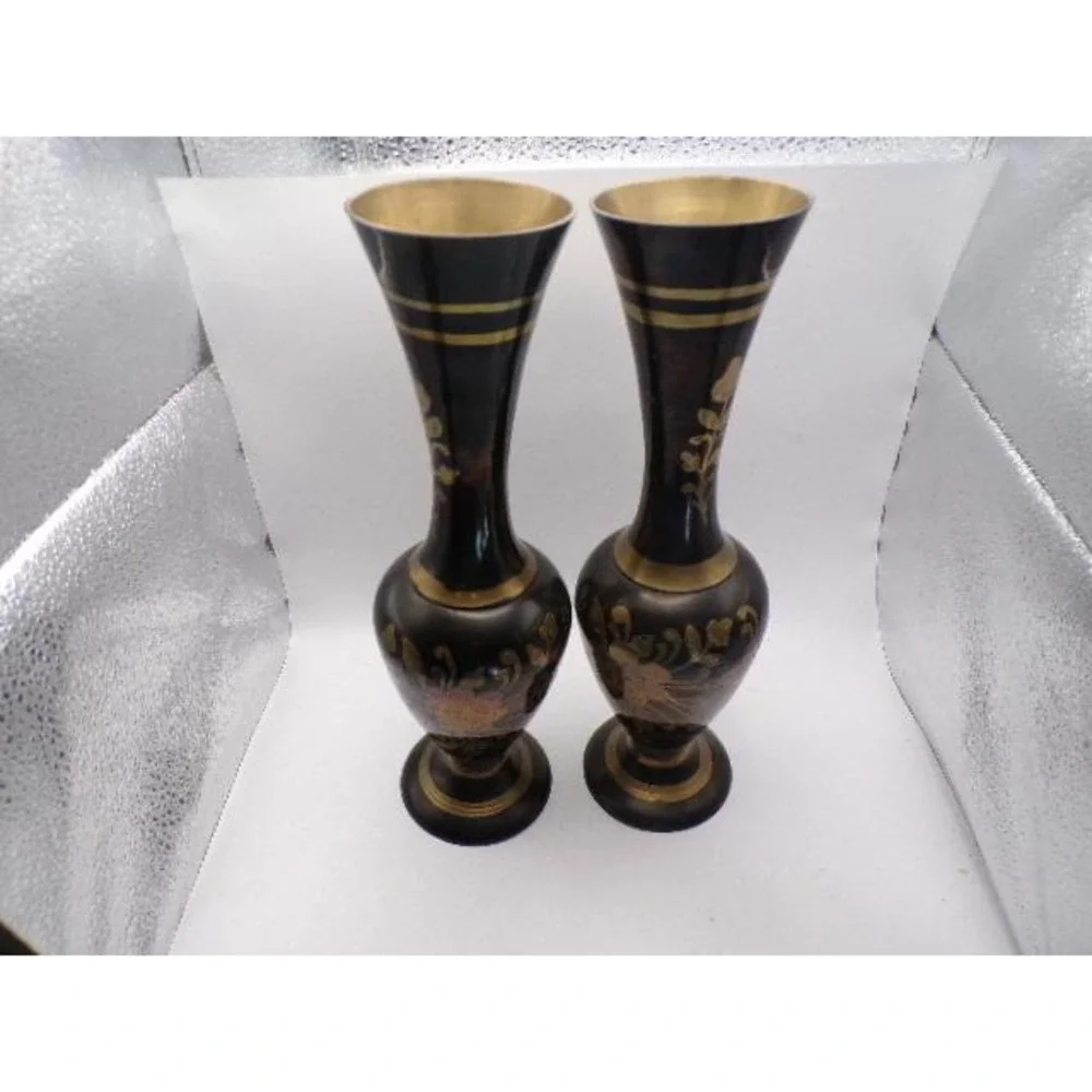 Pair Vintage Brass Black‎ Etched Floral Vases Decorative Accent Table Decor
